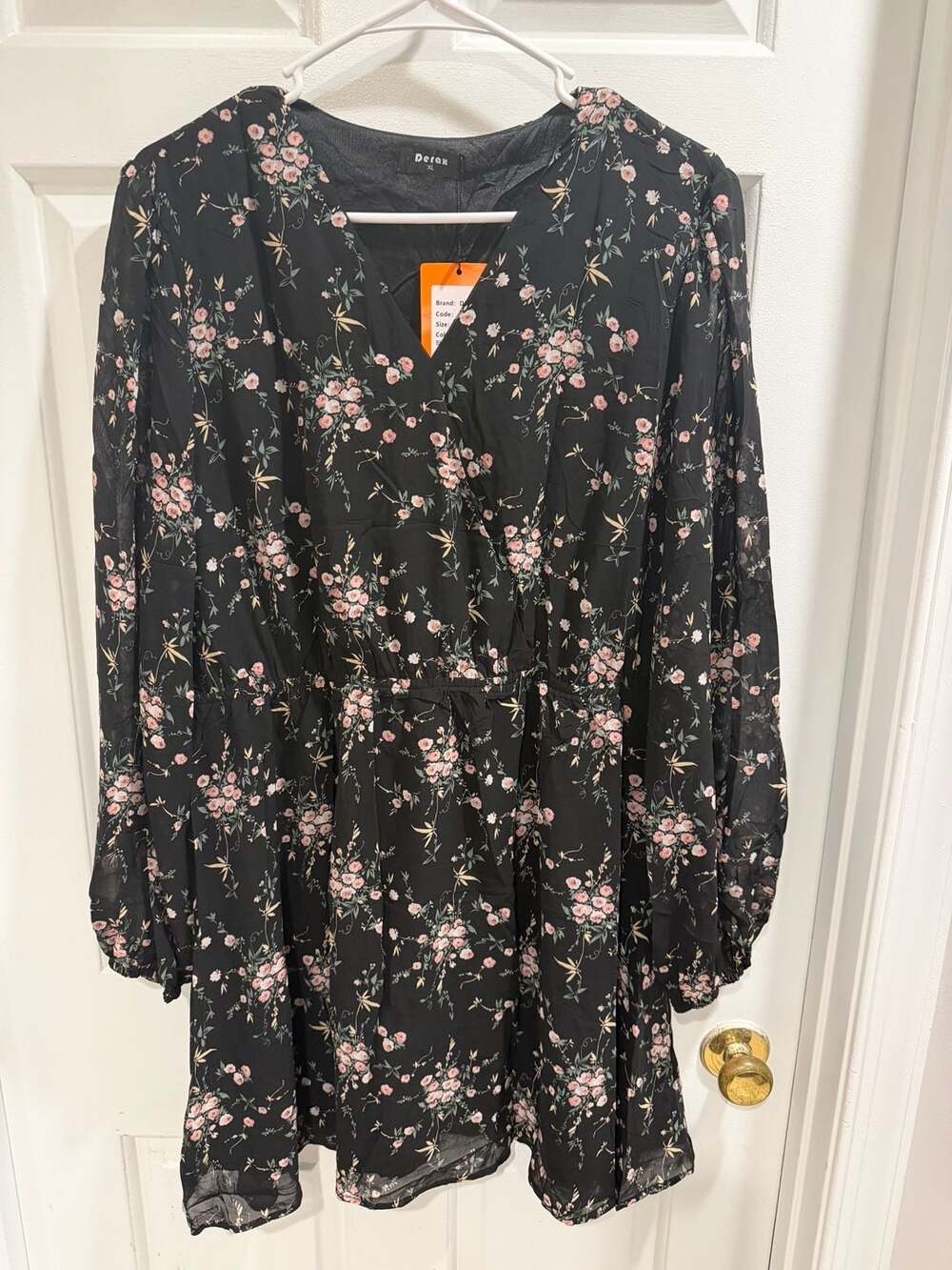 NWT DERAX Black Floral Print Long Sleeve Dress, Size XL
